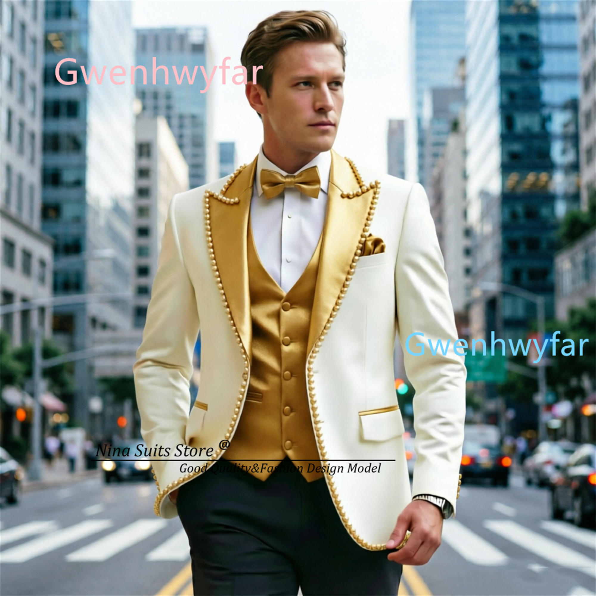 Formal Vest Waistcoat - Gwenhwyfar Luxury Ivory Black Suits With