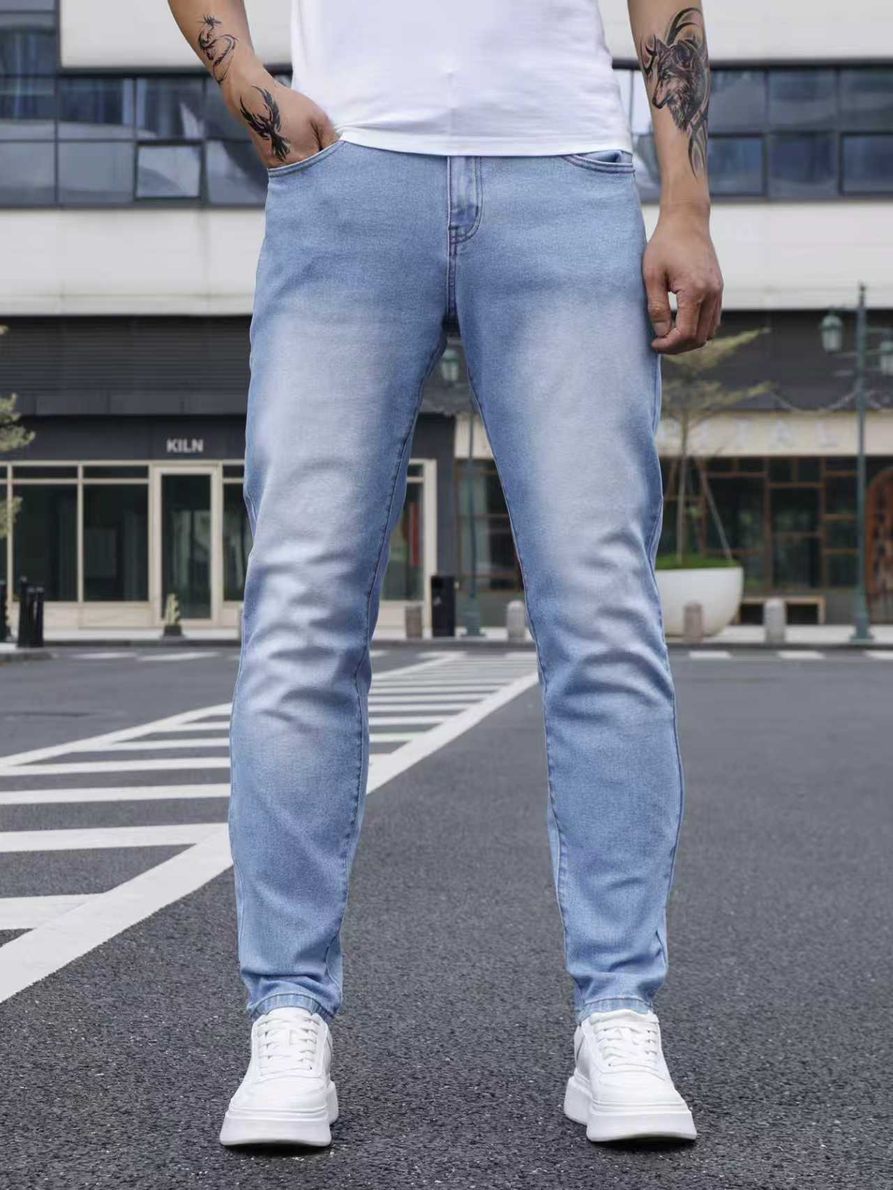 Men Formal Wear With Jeans - Men's Casual Stretch Light Blue Slim-Fit