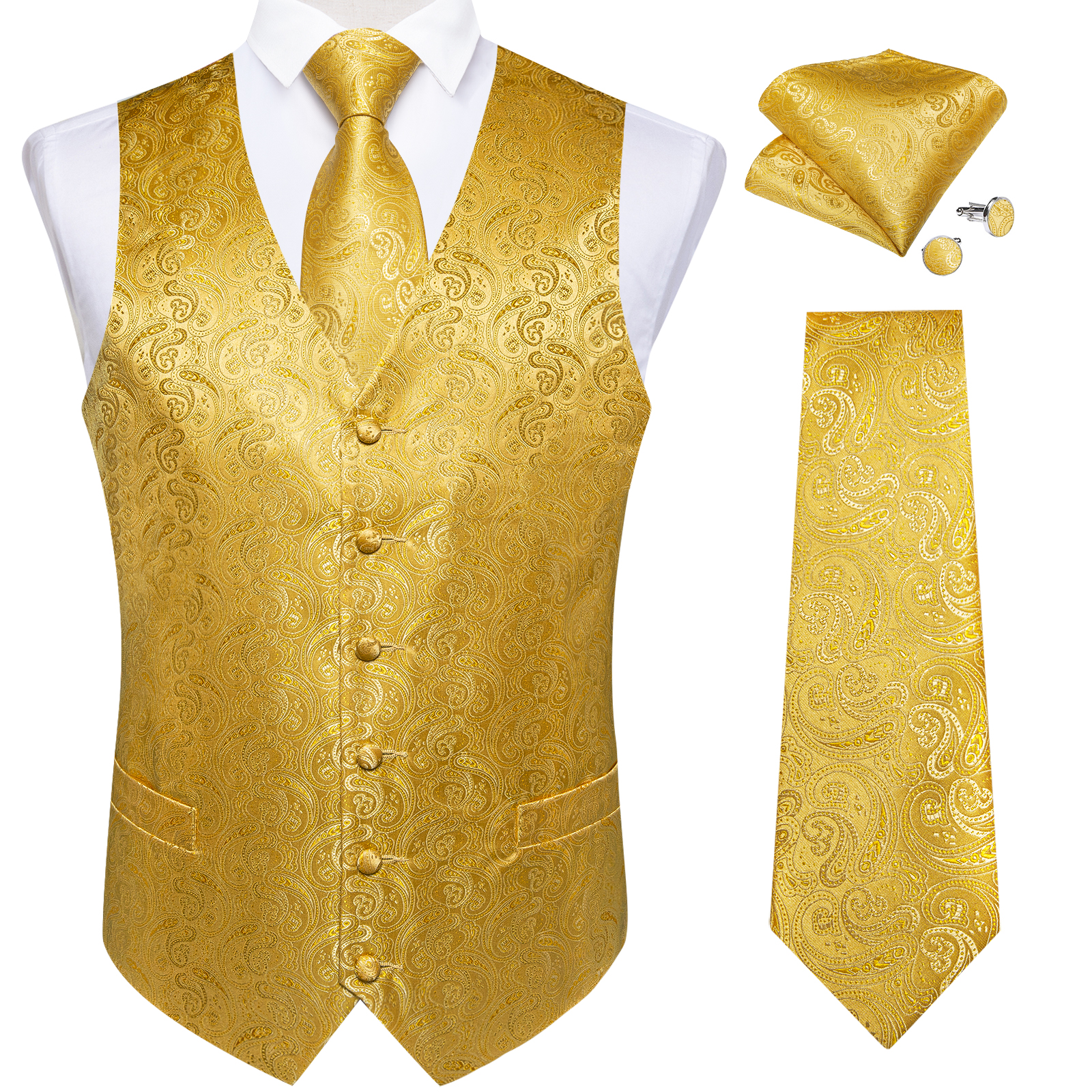 Luxury Paisley Gold Vest for M - Formal Vest Waistcoat ulasan dan harga
